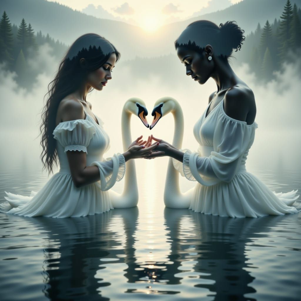 Dual Maidens and Swans in Ethereal Lake Communion