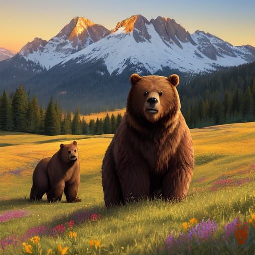 Two Brown Bears Grazing in Alpine Meadow at Golden Dawn