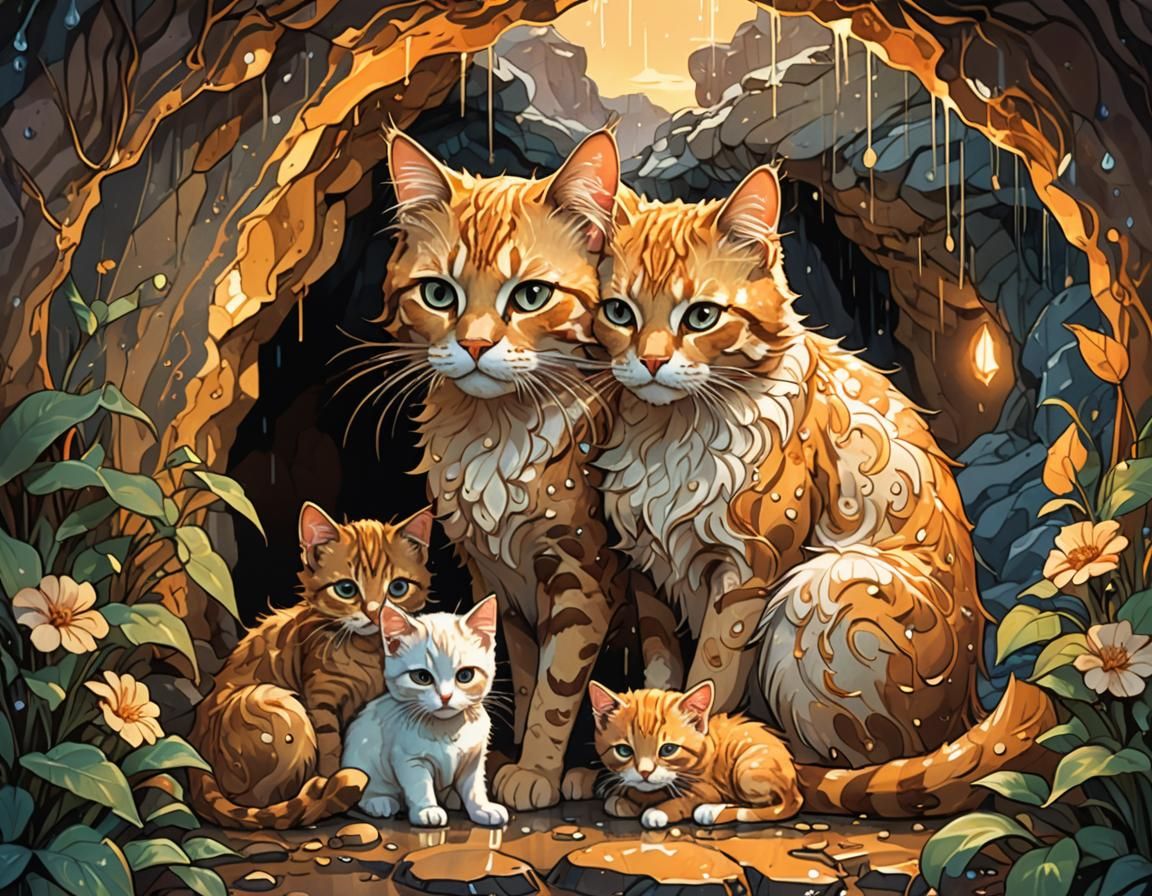 Cat and Kittens in Cave, Art Nouveau Style