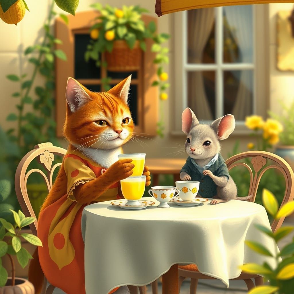 Whimsical Cat and Mouse Enjoy Lemonade Conversation