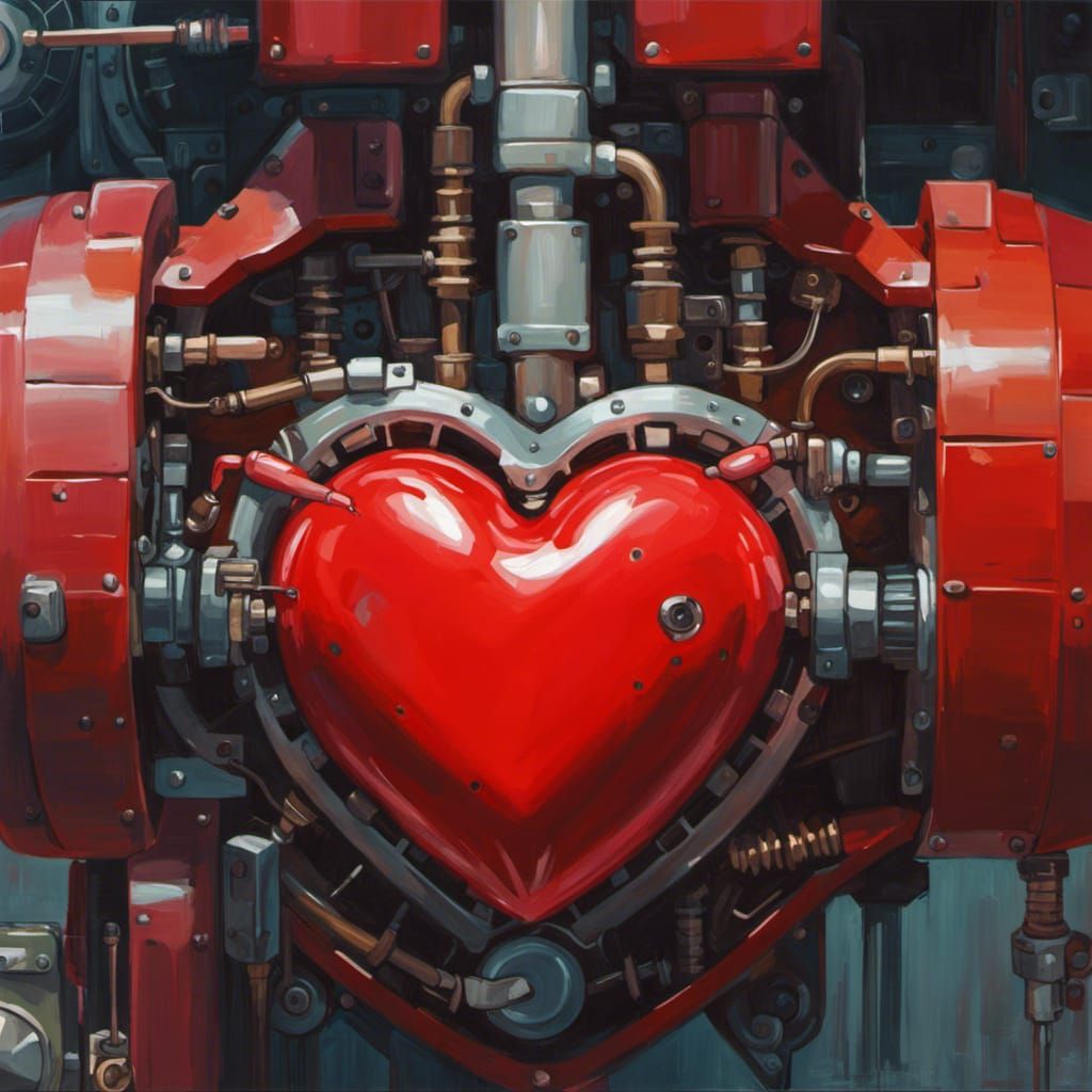 Red Mechanical Heart in Oil Painting Style