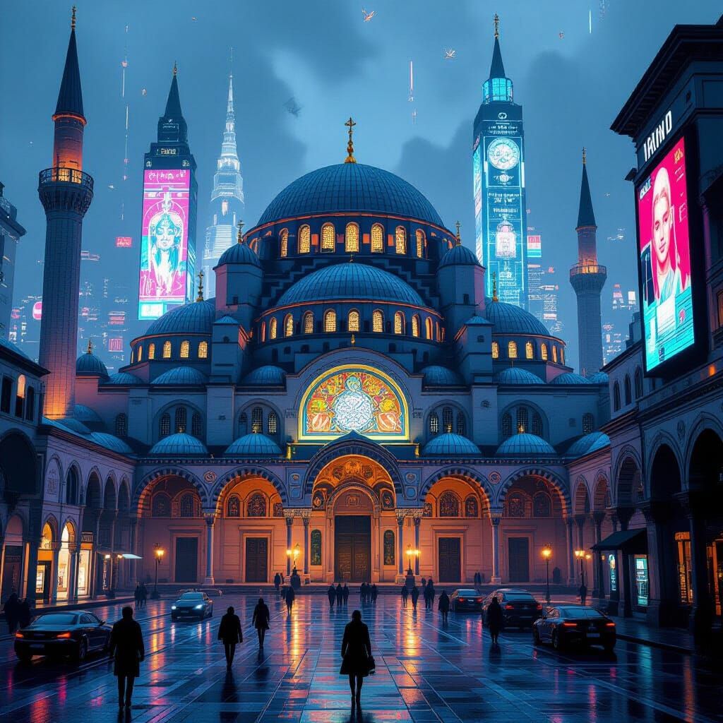 Byzantine Architecture Meets Cyberpunk Cityscape