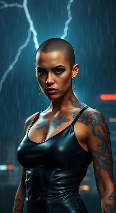 Tattooed Woman in Cyberpunk Cityscape During Thunderstorm