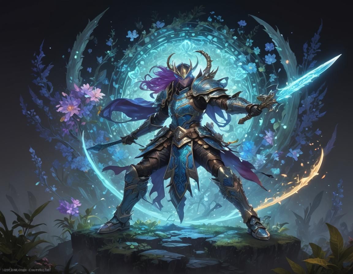 Fantasy Warrior in Bioluminescent Garden, Anime Art