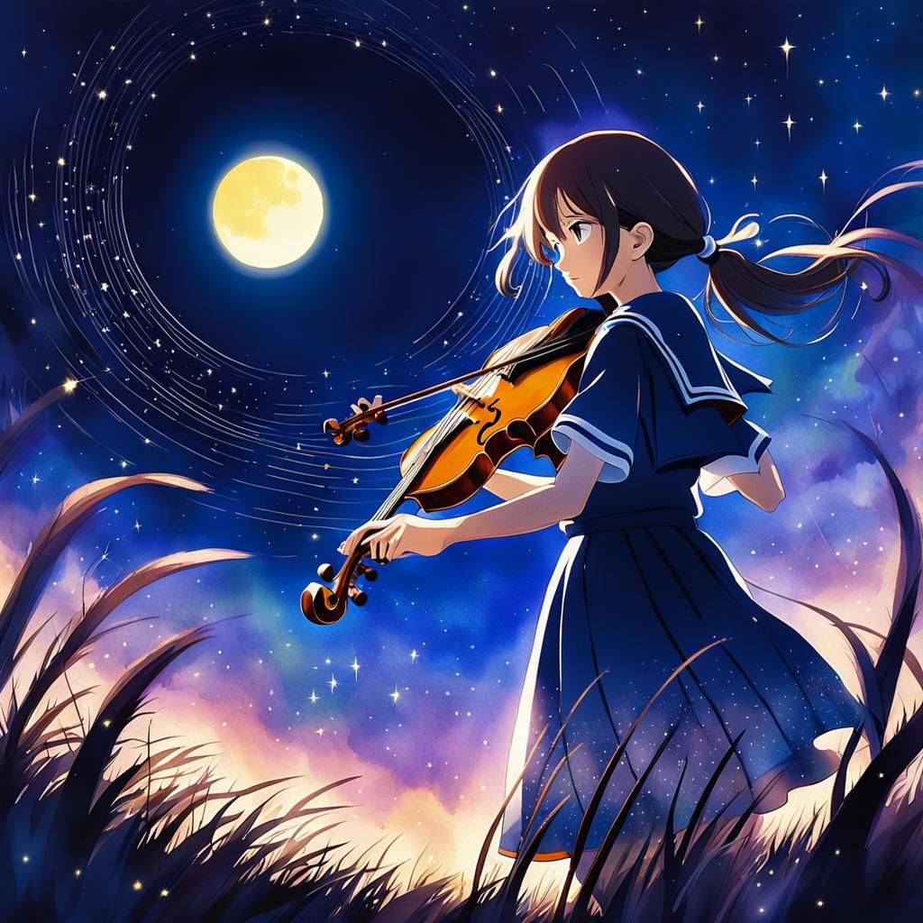 Schoolgirl Violinist Under Starry Sky: Anime Watercolor