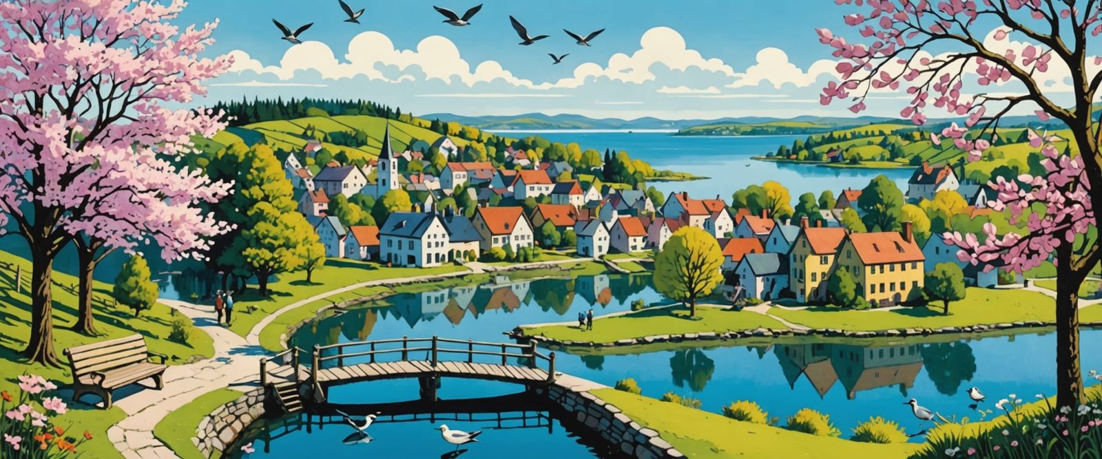 Spring Lake View in Naive Folk Art Style