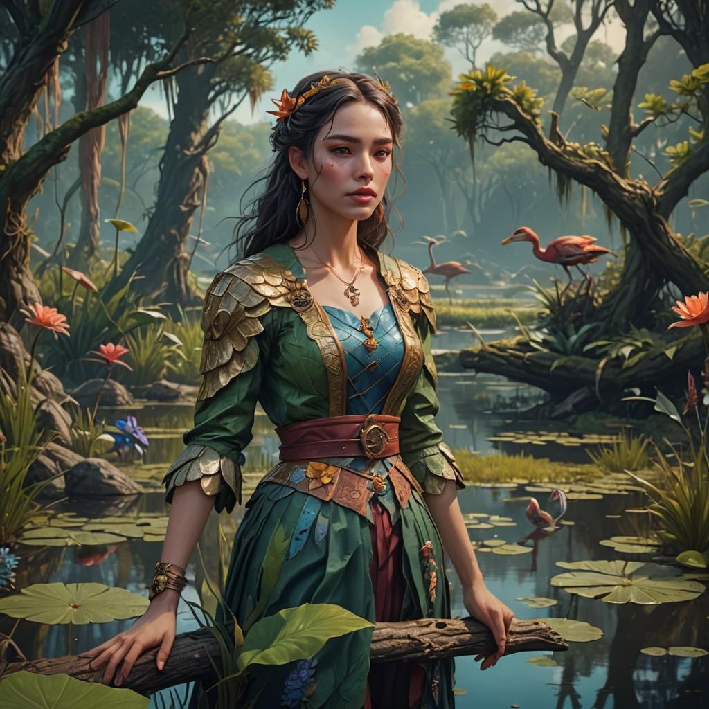 Whimsical Woman Wanderer in Vibrant Wetlands