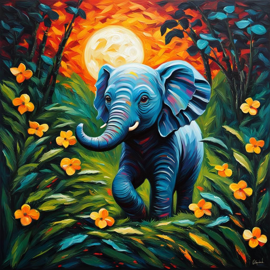 Cute Baby Elephant Impasto Painting in Jungle