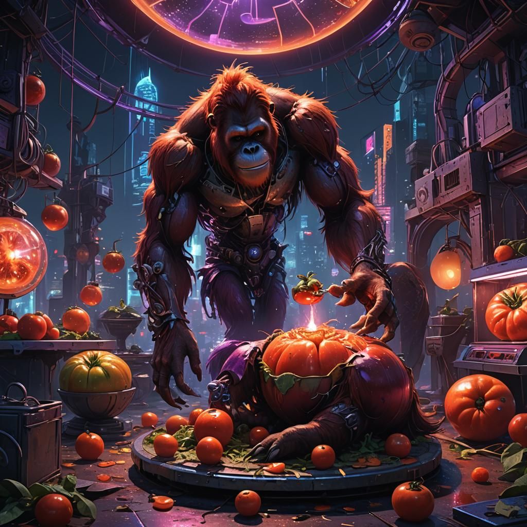 Orangutan and Tomato in Futuristic Sci-Fi Scene