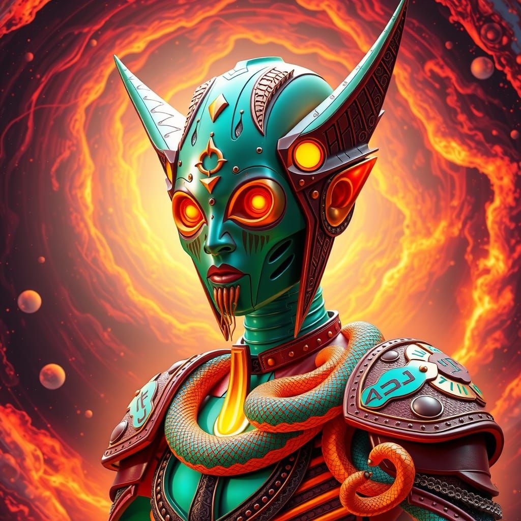 Transcendent Cyborg Being Builds Fiery Planet in Cosmic Thai...