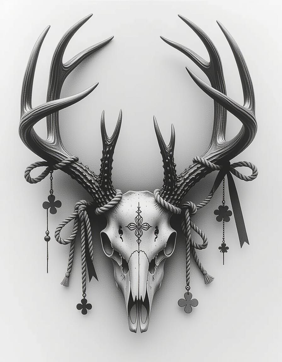 Mysterious Deer Antlers with Tribal Markings and Charms