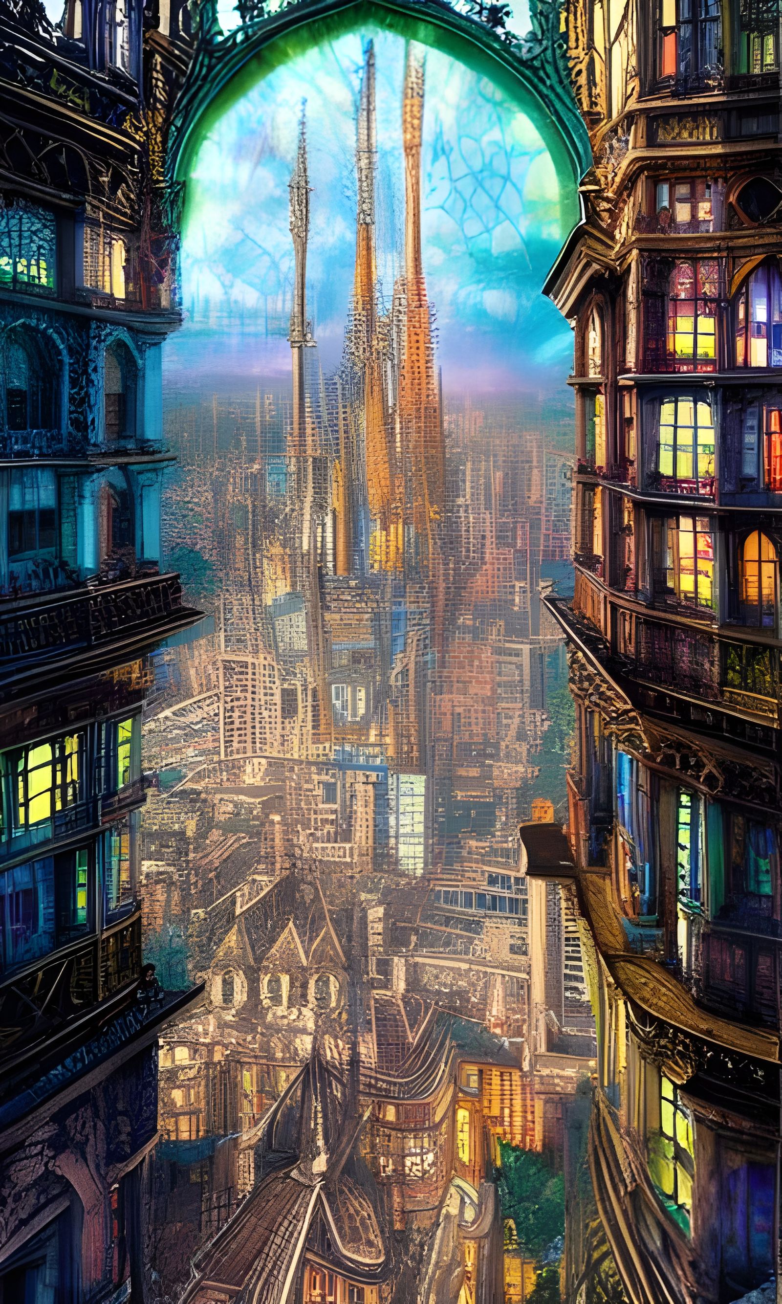 Stained Glass City in Surreal Architectural Style
