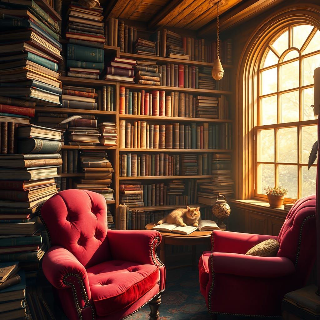 Whimsical Bookstore with Velvet Armchairs and a Lazy Cat