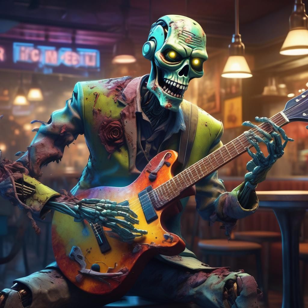 Zombie Robot Plays Guitar: Hyperrealistic Splash Art