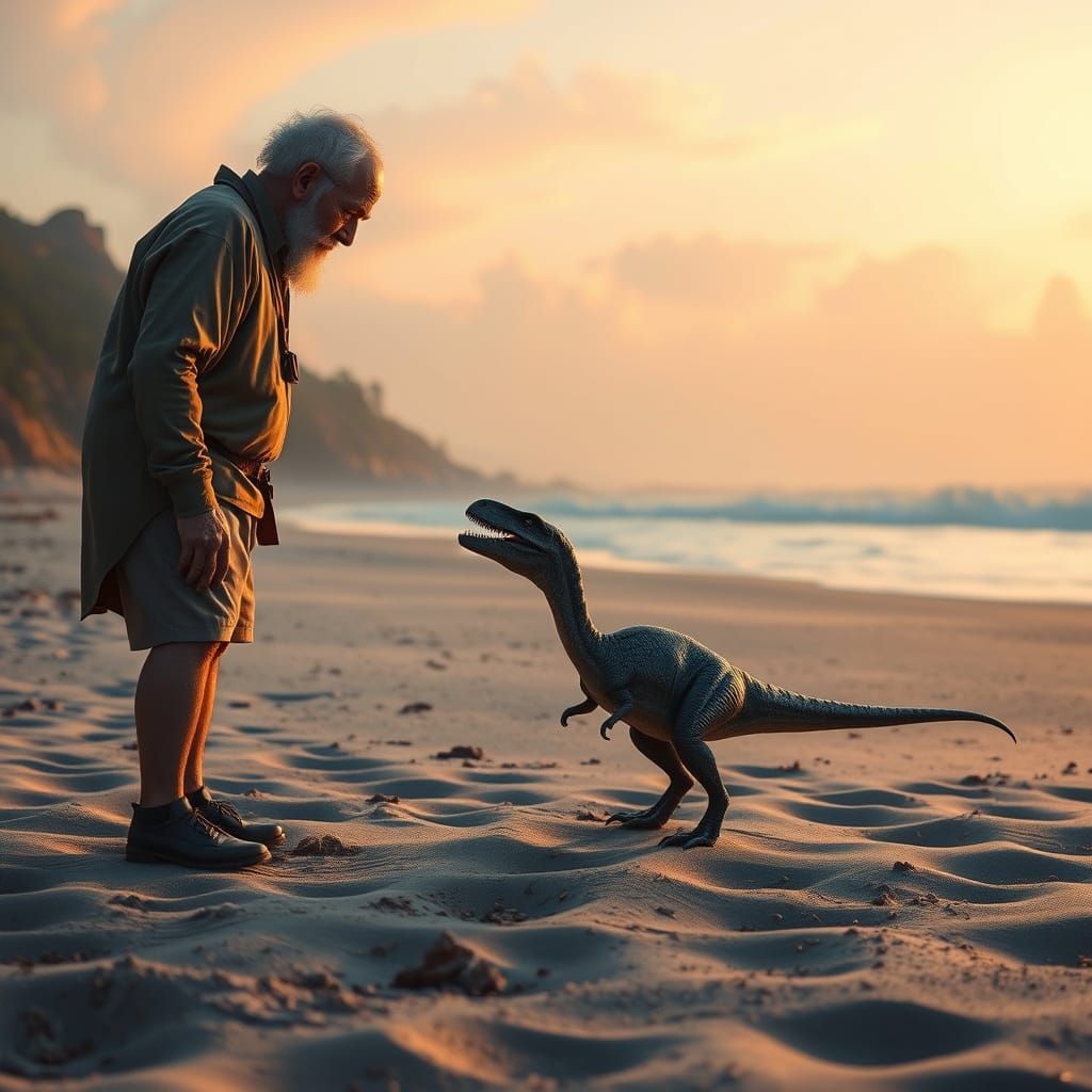 Miniature Dinosaur Encounter on a Sandy Beach