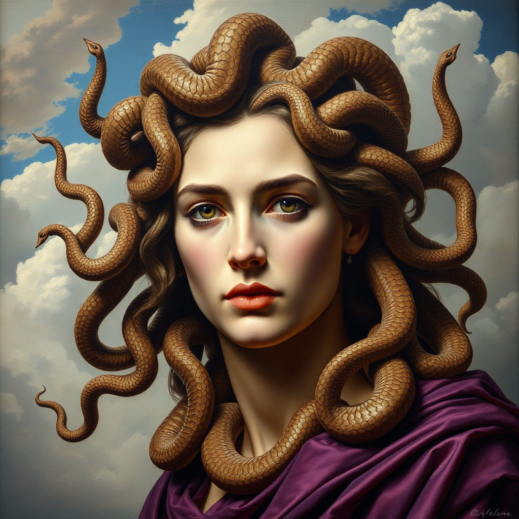 Barock-Porträt von Medusa mit Hyperrealistischen Schlangenha...