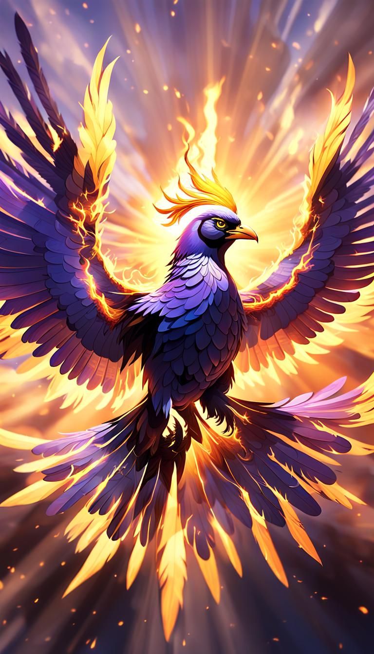 Mythical Flame Bird Soaring in Sunlit Sky