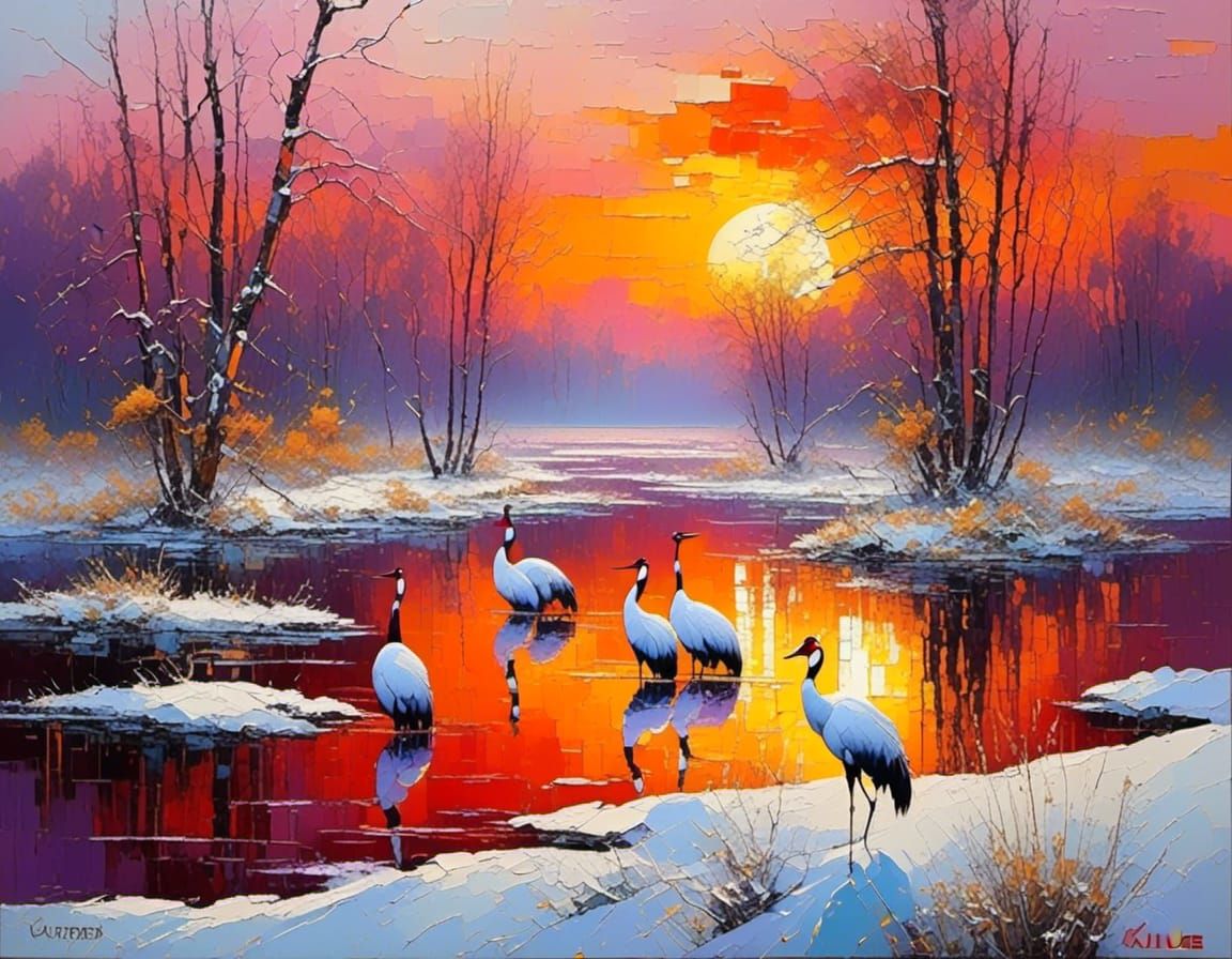 Red-Crowned Cranes in Winter Lake as Impasto Painting