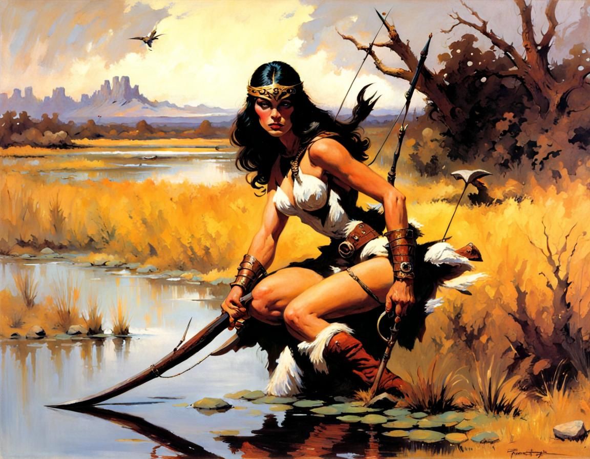 Huntress in Wetlands, Fantasy Illustration