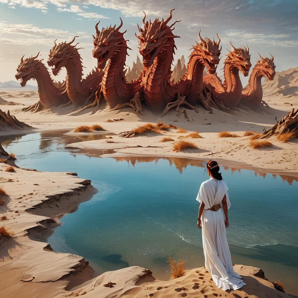 Surreal Desert Scene with Seven-Headed Dragon