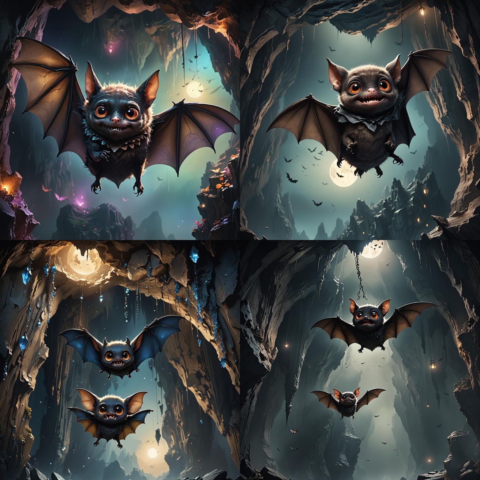 Cute Bat in Moonlit Cave: Fantasy Concept Art