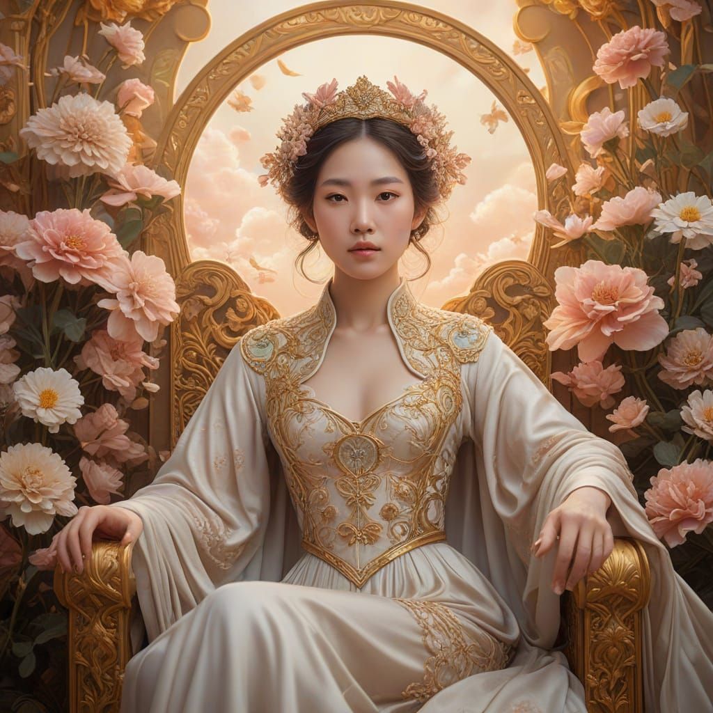 Majestic Goddess on Throne, Surrounded by Flowers and Clouds