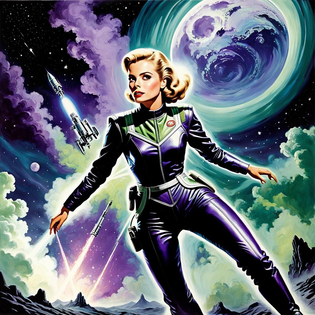 1955 Sci-Fi, Grace Kelly Radiating energy, Action Pose, Blac...