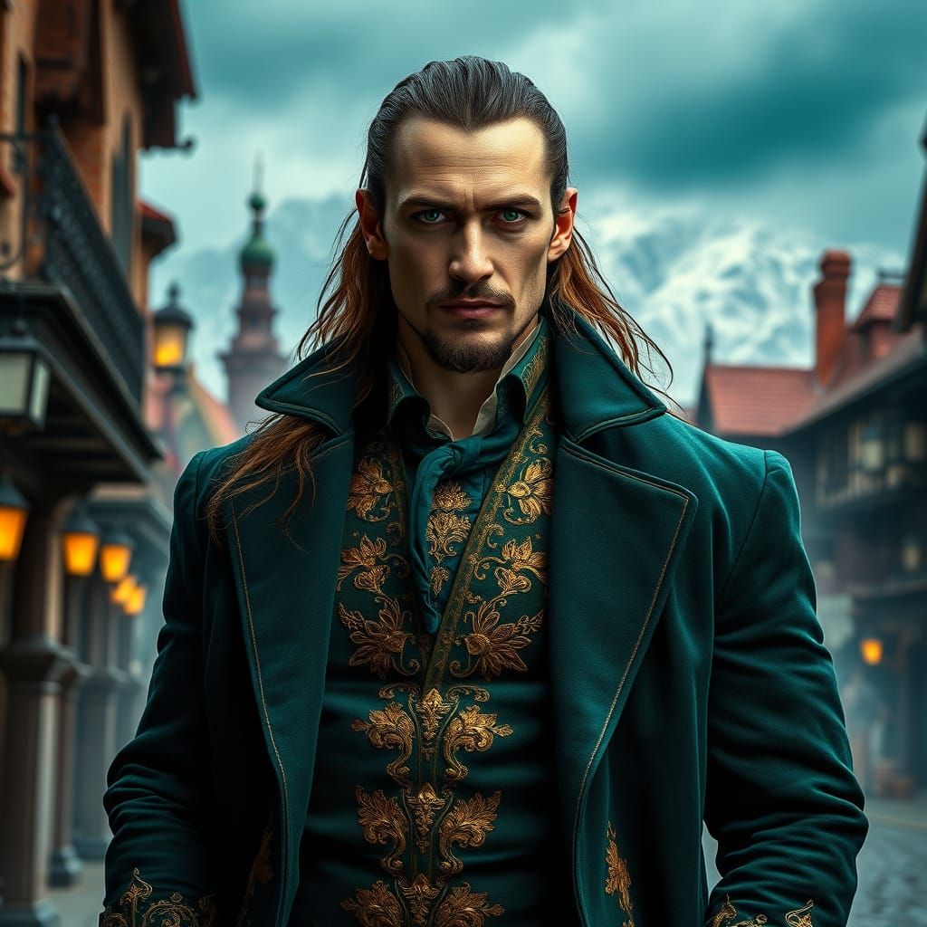 Elegant Vampire in Emerald Regalia Amidst Victorian City