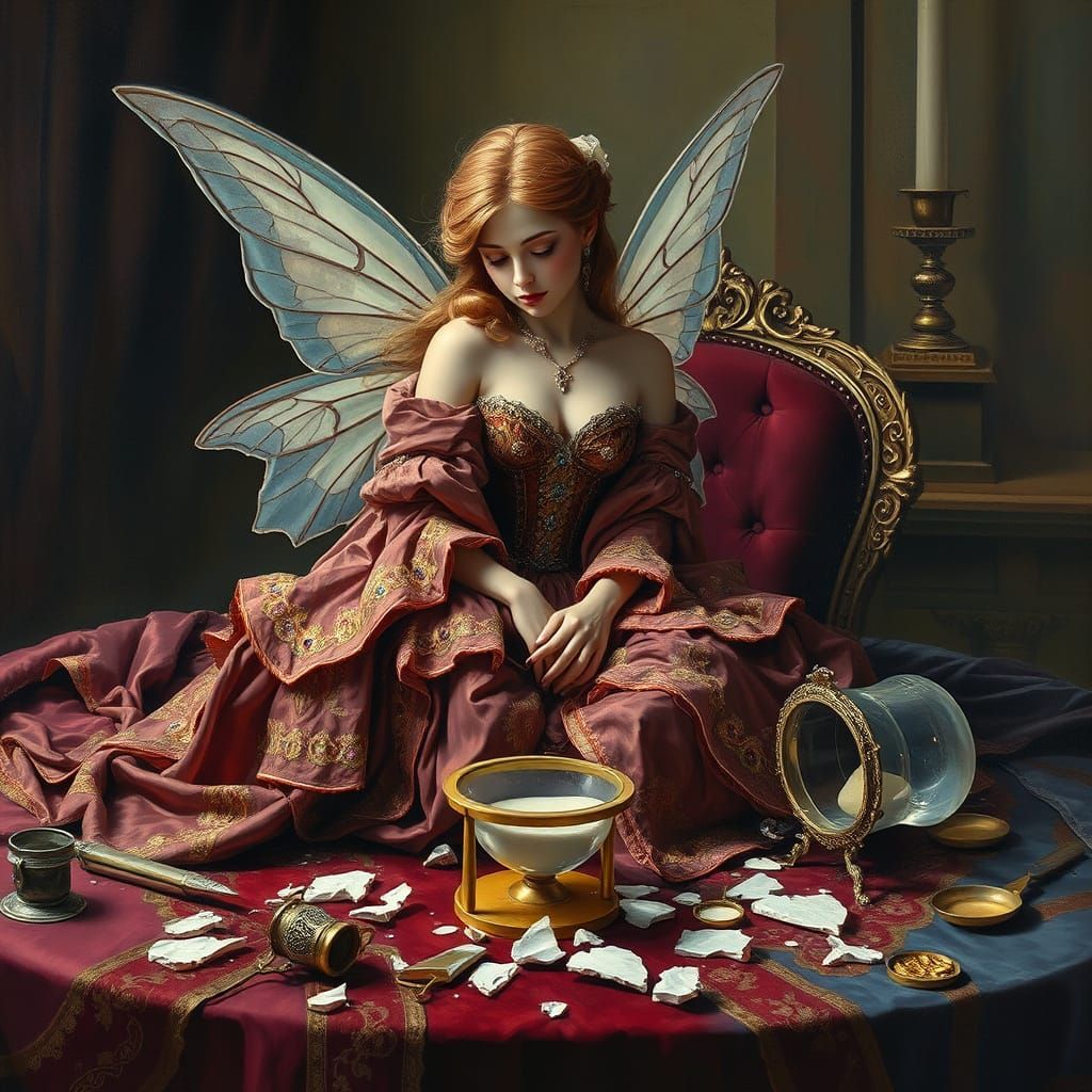 Surreal Fairy in Medieval Gown Amidst Hourglass Ruins in Neo...