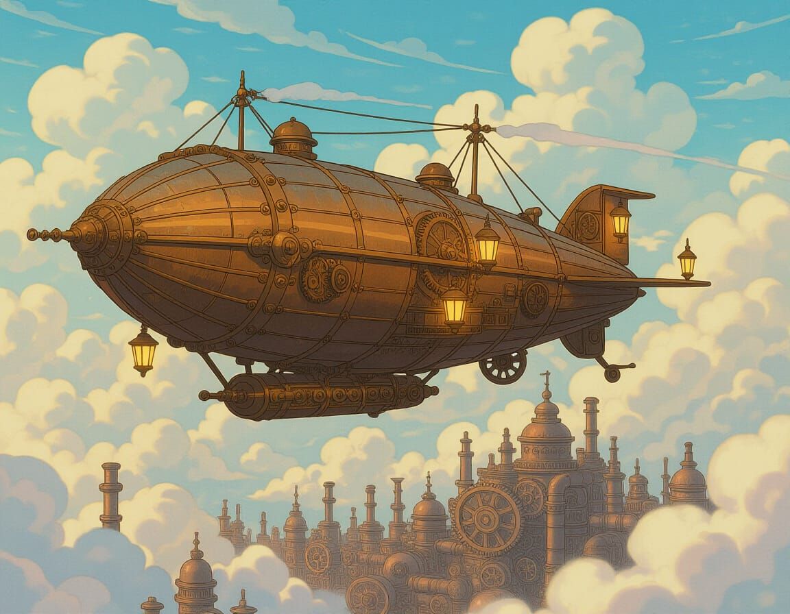 Steampunk Airship Over Clockwork City