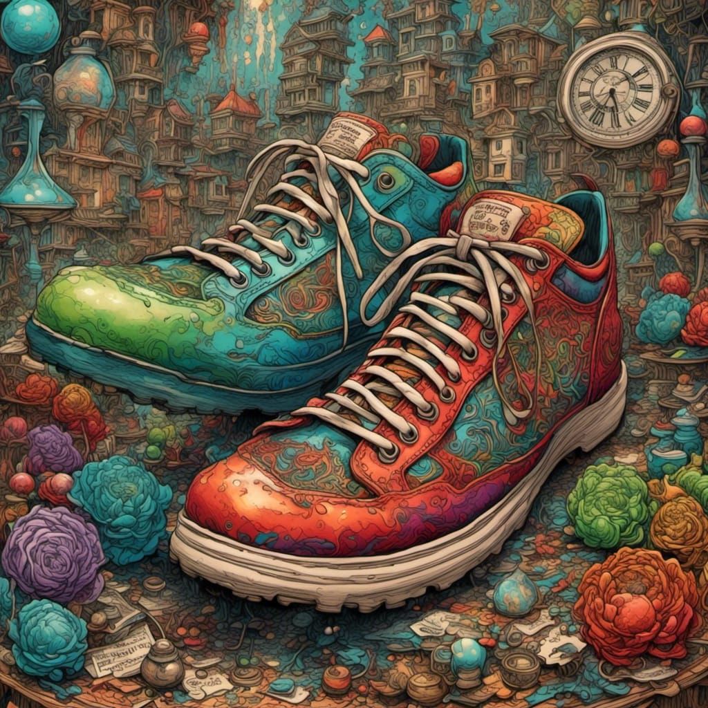 Psychedelic Ink Drawing of Shoes, Ships, and Kings