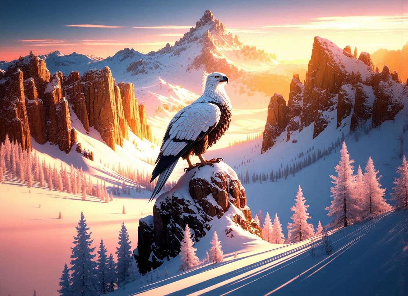 Griffin Perched Atop Snow-Capped Mountain Peak
