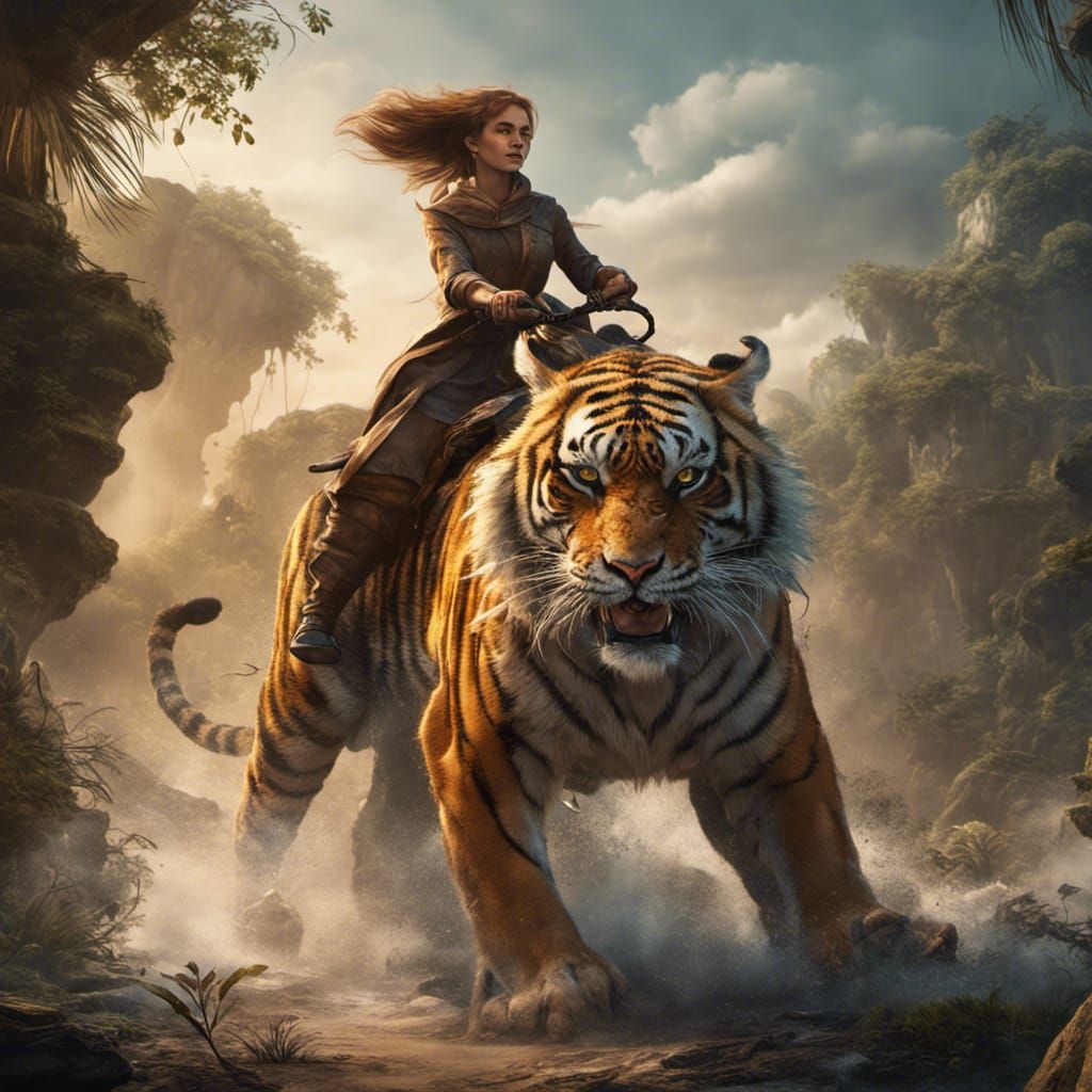 Woman Riding a Tiger in Detailed Matte Painting