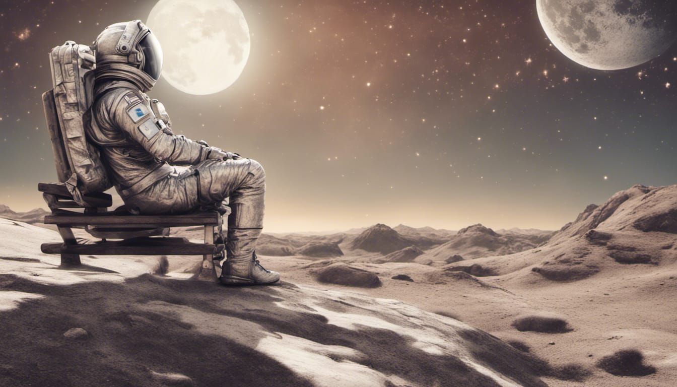 Astronaut Resting on Park Bench, Moon Landscape