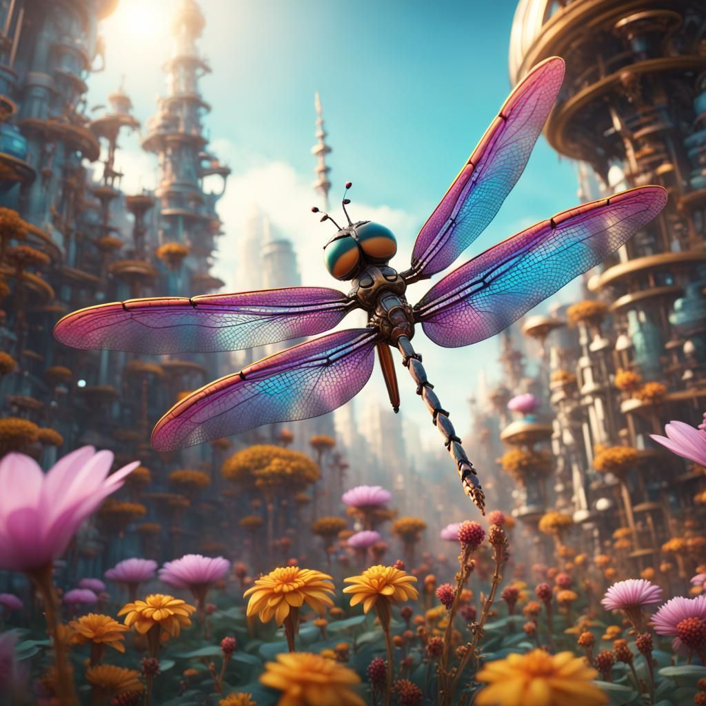 Mechanical Dragonfly in Solar Punk Flower City