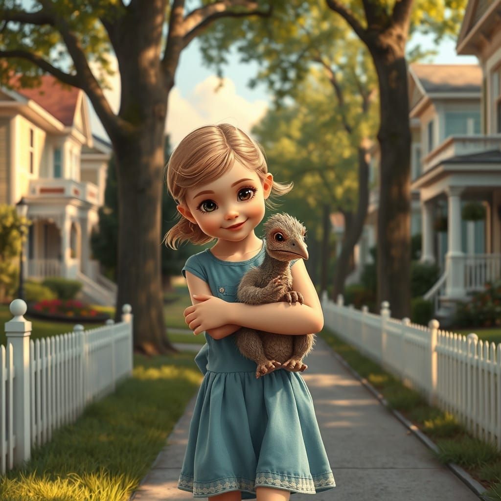 Girl Cradles Feathered Troodon in Heartwarming Suburban Scen...