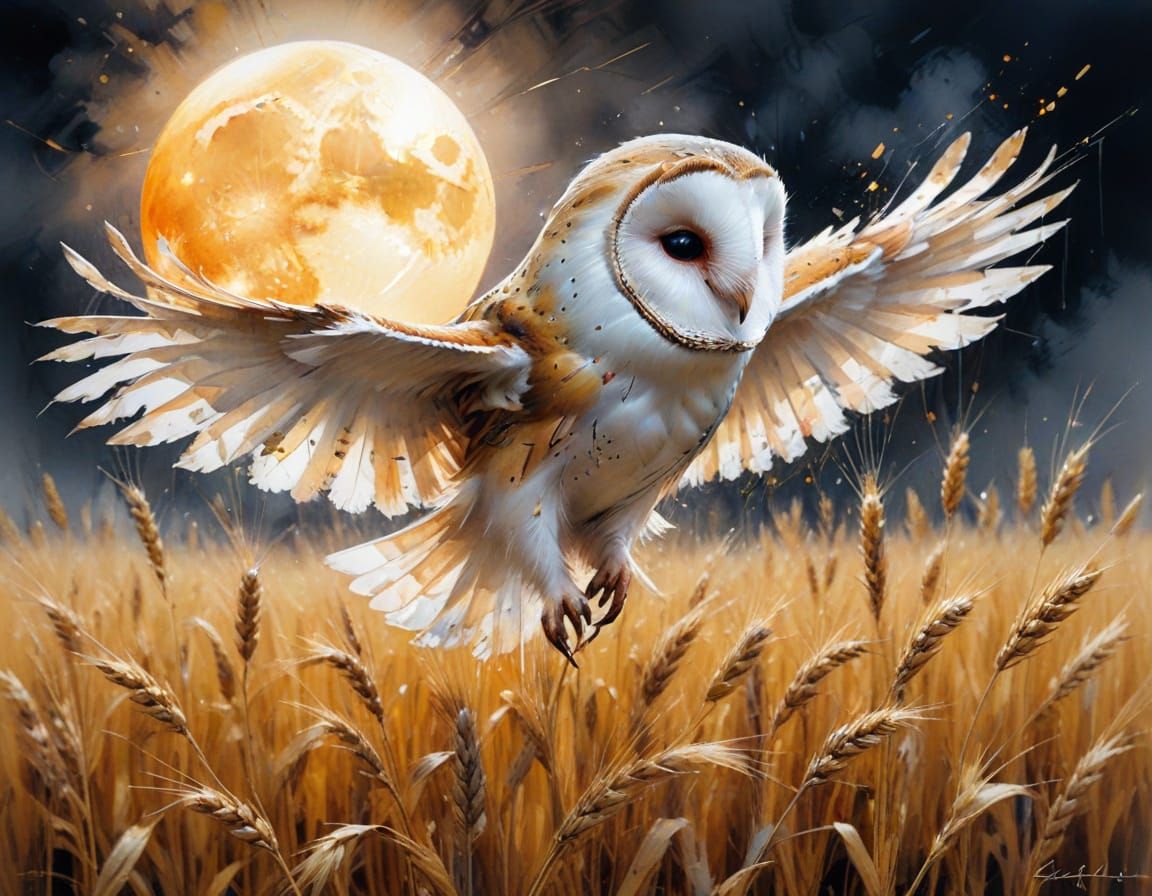 Barn Owl Gliding Over Wheat Field as Oil Painting