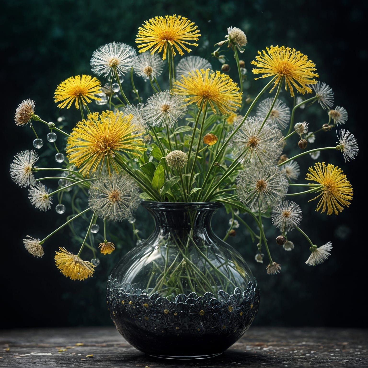 Ornate Glass Vase Filled with Vibrant Dandelions