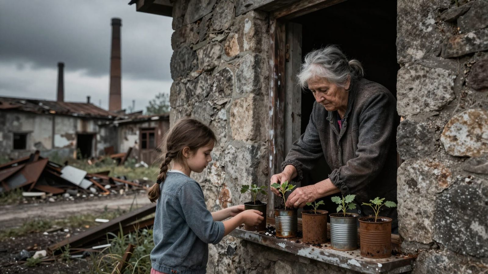 Girl and Woman Water Seedlings in Grimy Industrial Setting