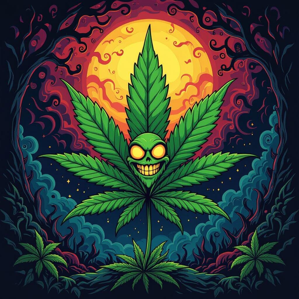 Psychedelic Marijuana Leaf Character in Dark Fantasy Style