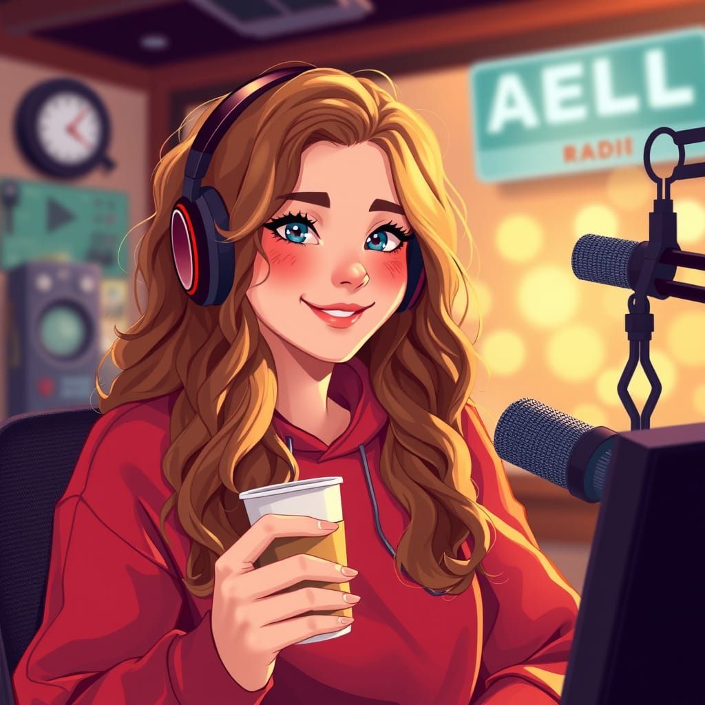 Radio Host Smiling in Studio with Coffee