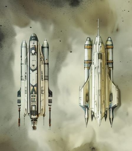 Spaceships Racing Side by Side in Dieselpunk Style