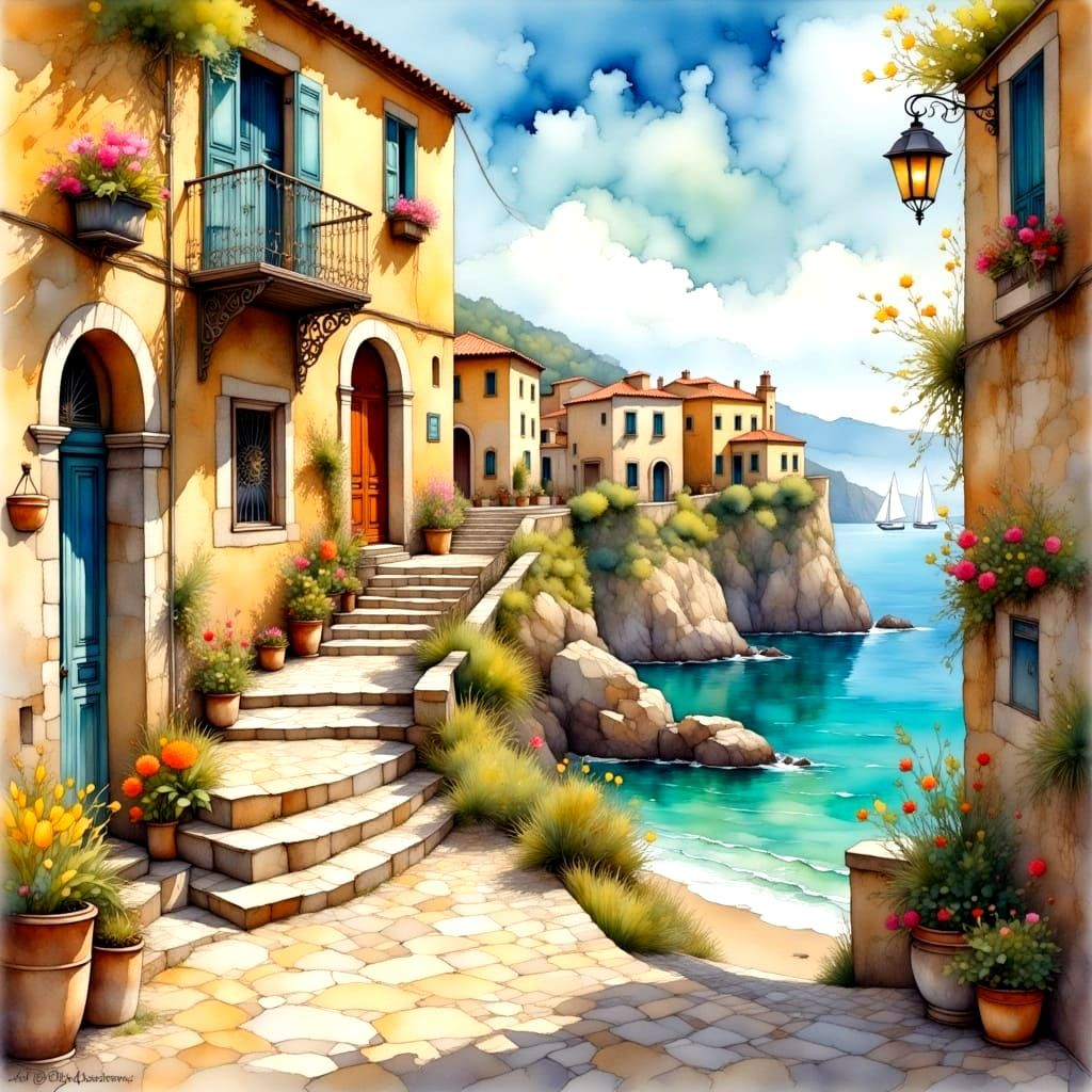 Ancient Mediterranean Street Scene in Vibrant Watercolor Sty...