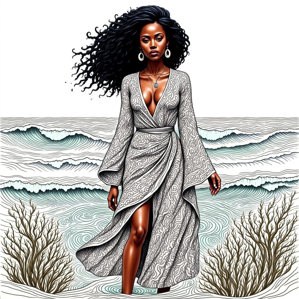 <lora:Zentangled:1.0> <lora:Abstract Reality:1.0> Detailed zentangle of black woman standing in the ocean