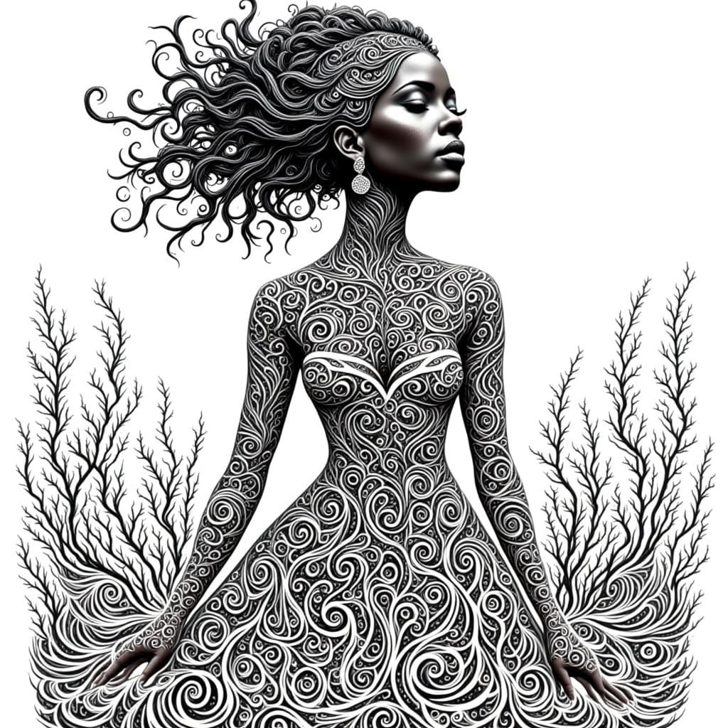 <lora:Zentangled:1.0> <lora:Abstract Reality:1.0> Detailed zentangle of black woman standing in the ocean