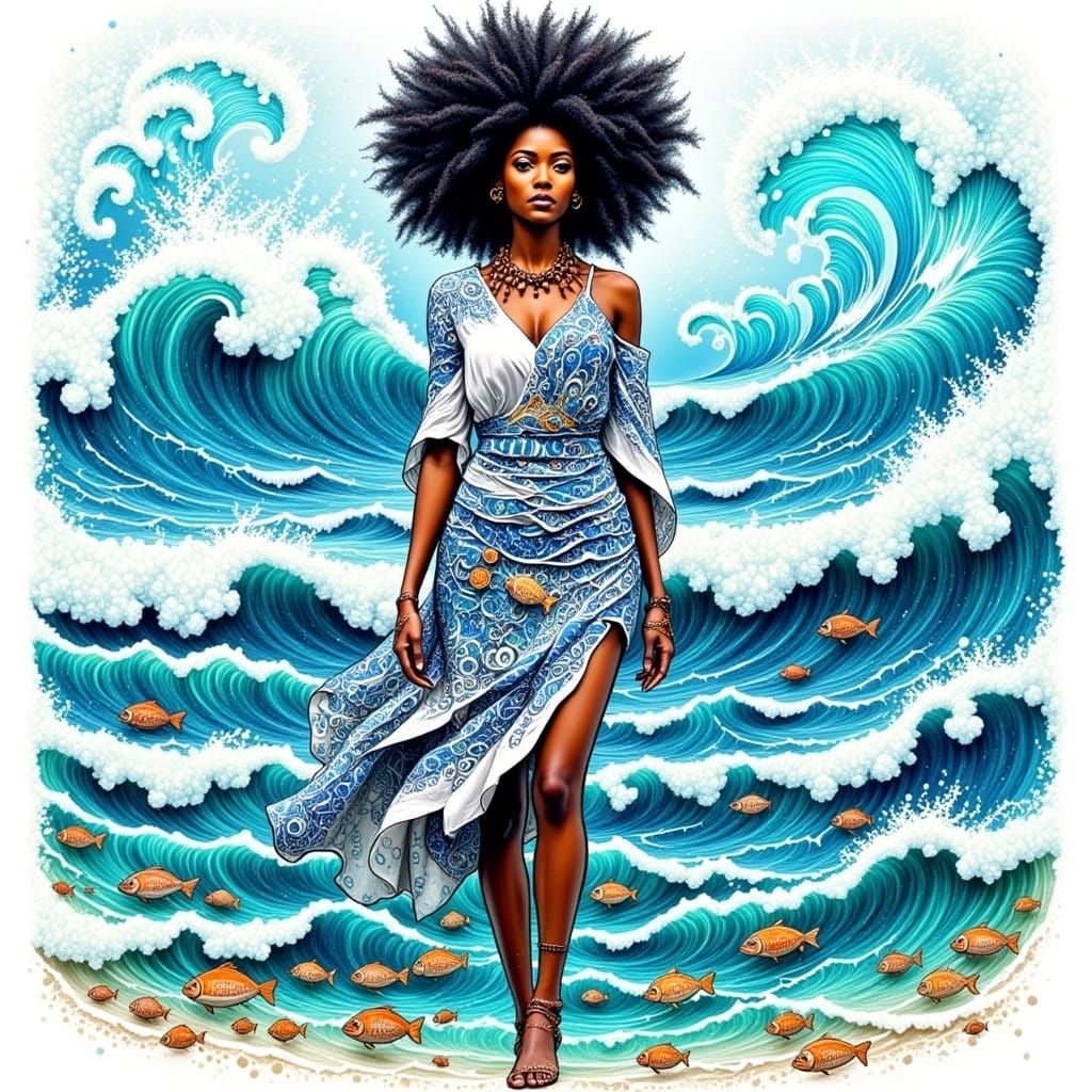 <lora:Zentangled:1.0> <lora:Abstract Reality:1.0> Detailed zentangle of black woman standing in the ocean