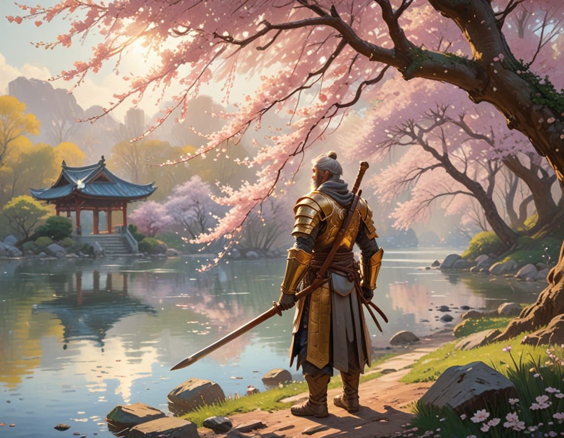 Elegant Warriors Stand United in a Serene Lake Landscape