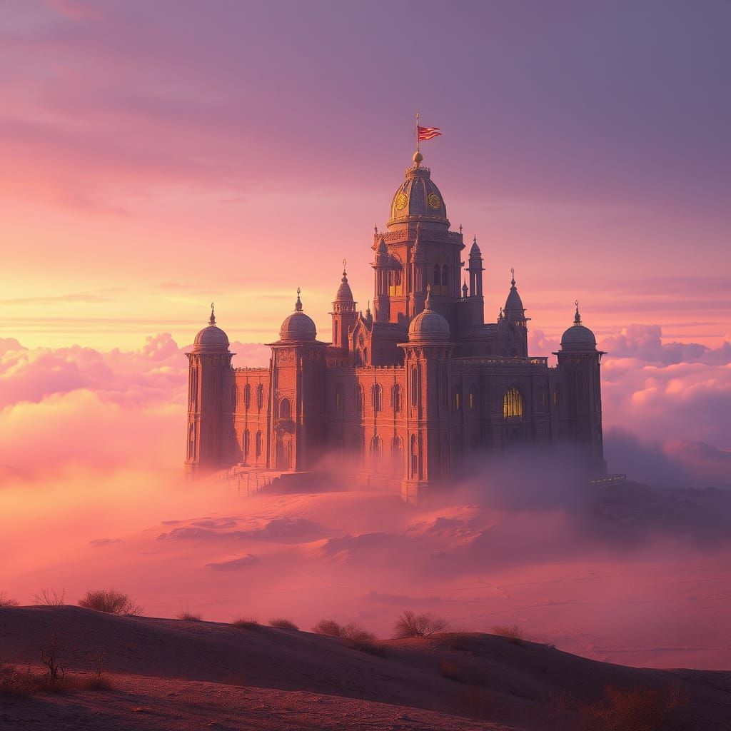 Ancient Castle in Dreamy Pastel Landscape