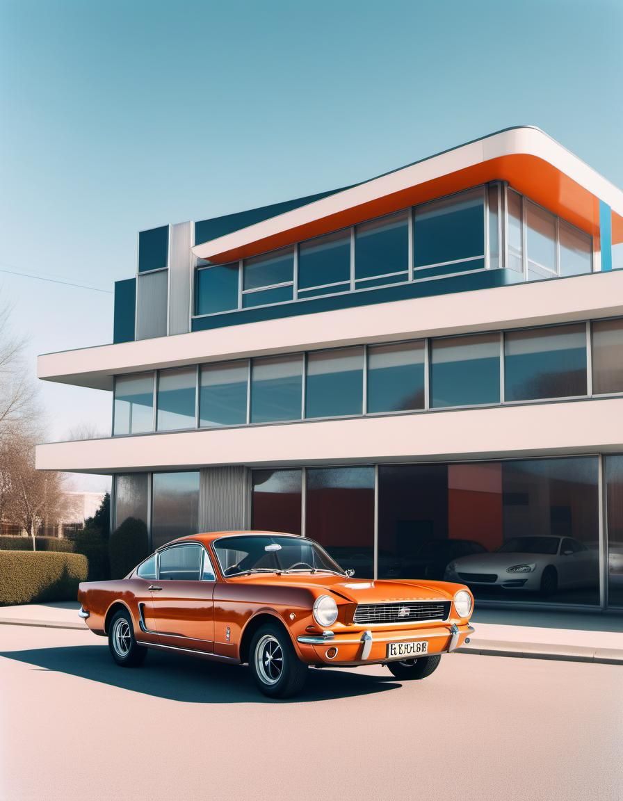 Retro-Futuristic Hovering Car Parked by Bauhaus Building