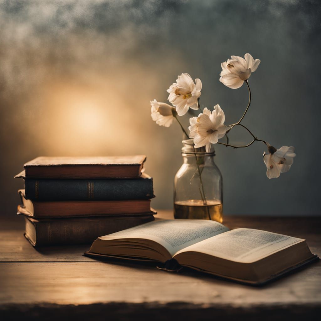 Serene Still Life: Flower and Book in Dreamy Oil Painting